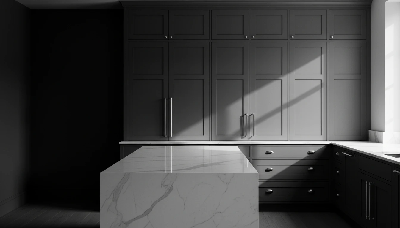 Dark shaker cabinetry with marble island