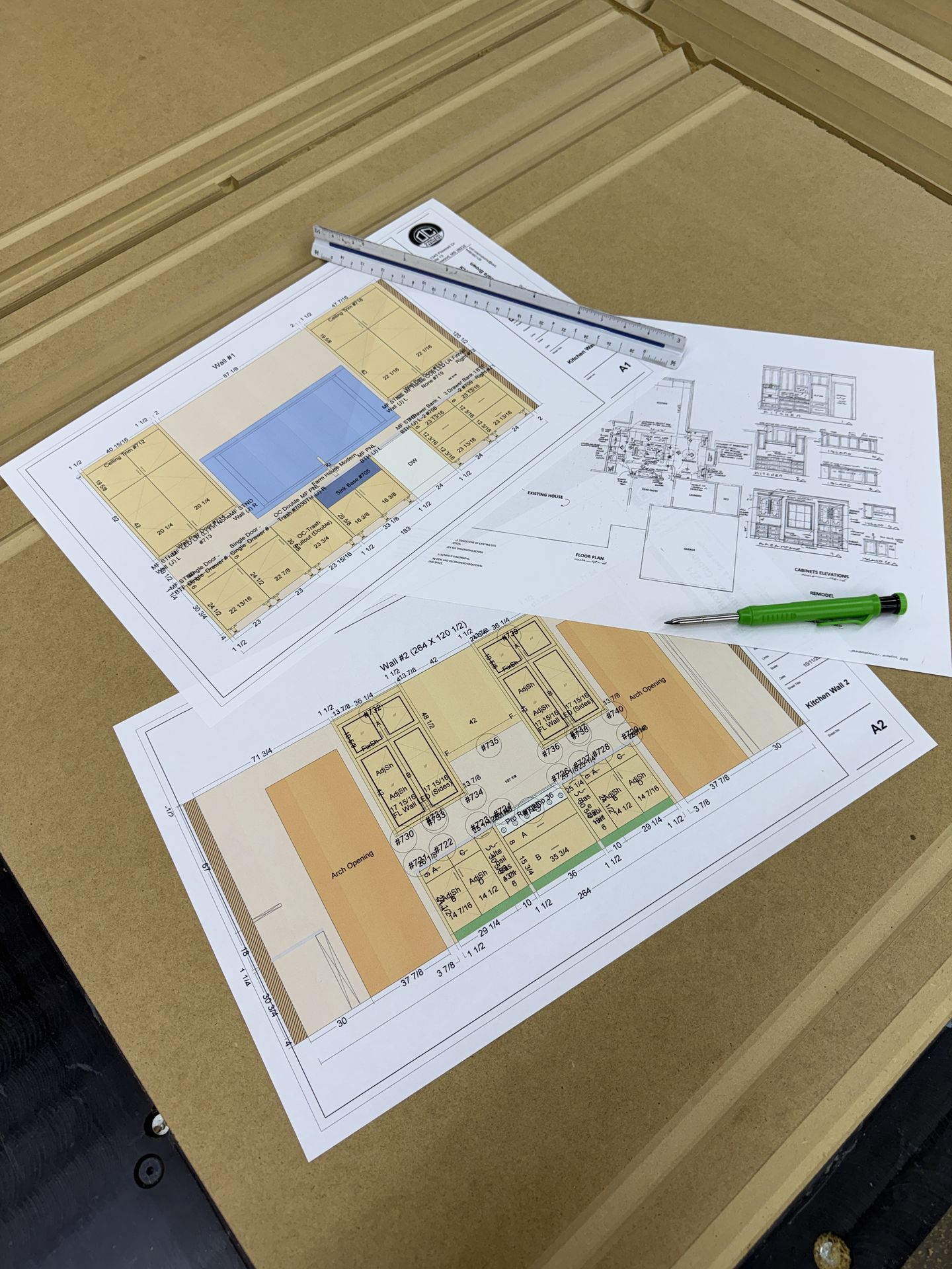 Kitchen shop drawings with scale ruler