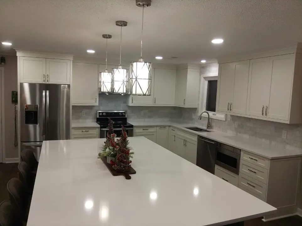 White kitchen with big island